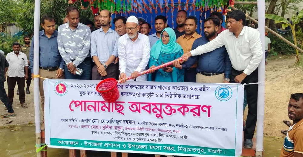 নিয়ামতপুরে বিভিন্ন জলাশয়ে পোনামাছ অবমুক্তকরণ কার্যক্রম উদ্বোধন